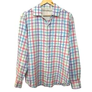 Caribbean Button Up Shirt Mens Medium Long Sleeve Pastel Plaid Linen Blend